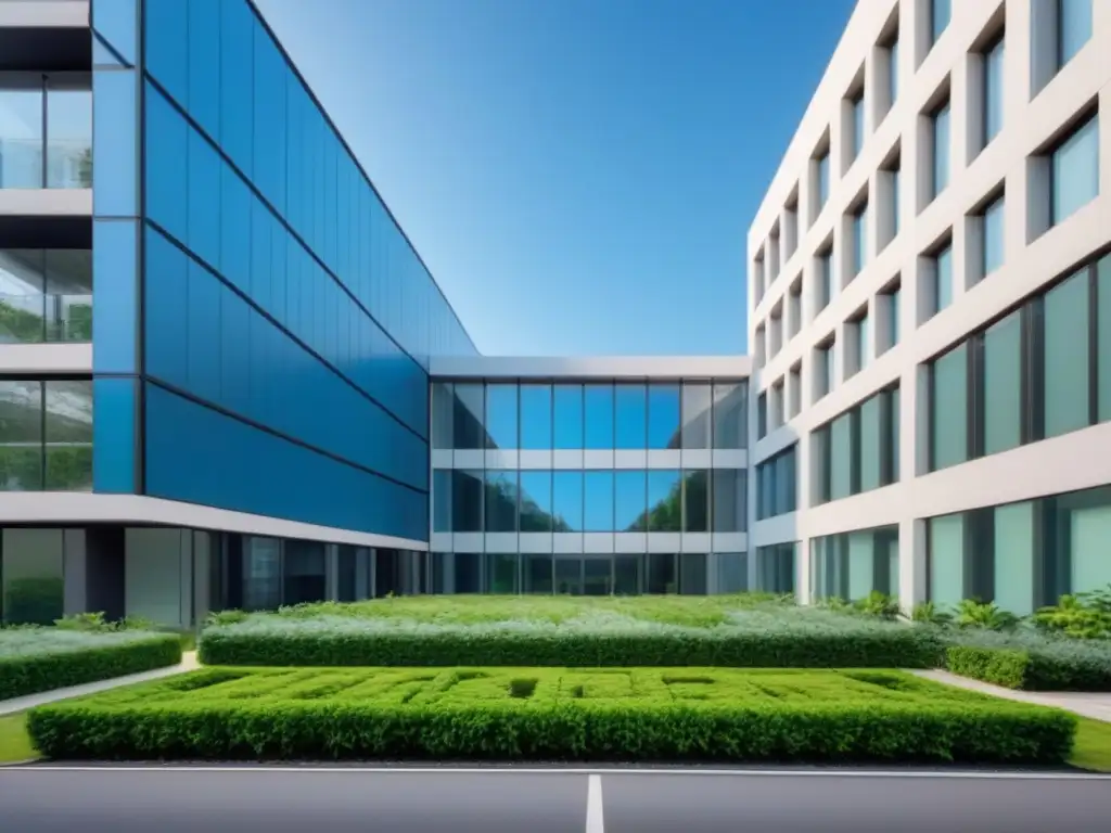 Edificio de oficinas moderno y profesional en 8k Edificio moderno y elegante rodeado de naturaleza exuberante, reflejando confianza y éxito