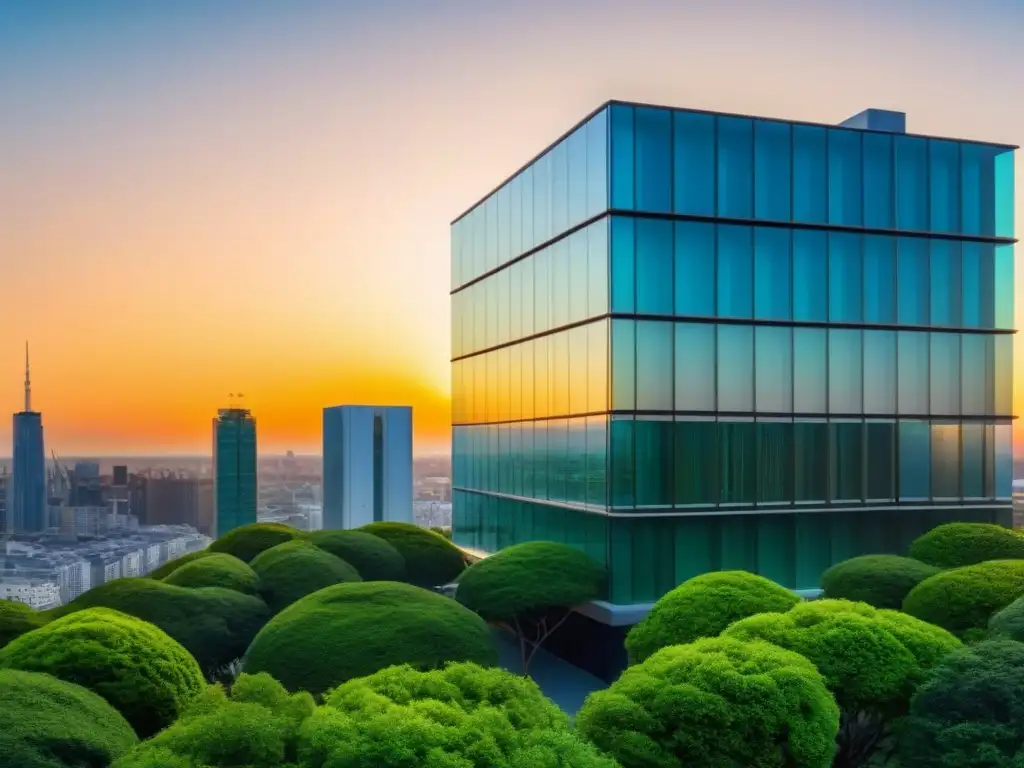 Edificio moderno en atardecer: imagen 8k ultradetallada Un edificio moderno con fachada de vidrio reflejando la ciudad al atardecer, rodeado de vegetación