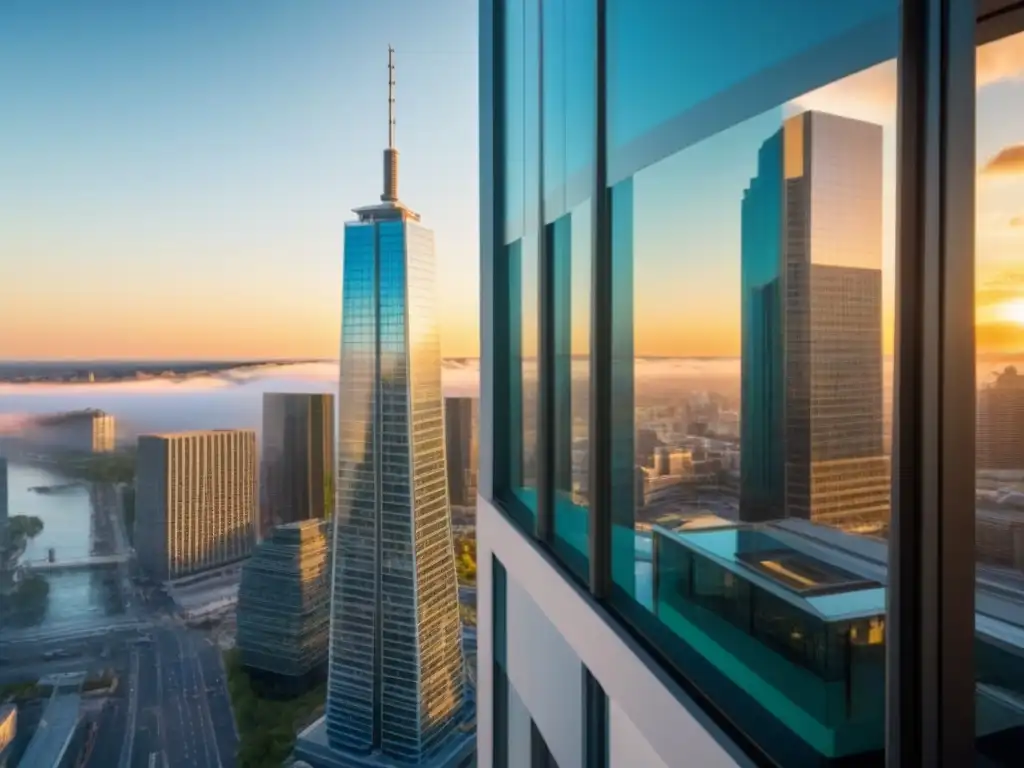Edificio moderno con fachada de vidrio en ciudad vibrante Edificio moderno con fachada de vidrio, ciudad vibrante de fondo