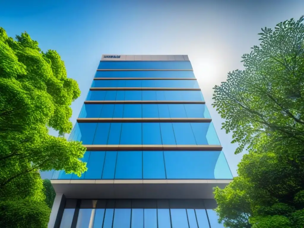 Edificio moderno: elegancia arquitectónica en entorno urbano Edificio moderno con fachada de vidrio reflejando el cielo azul, rodeado de árboles verdes y una ciudad vibrante al fondo