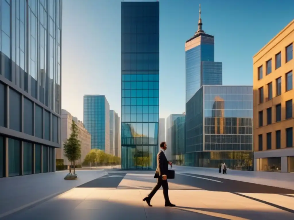 Edificio moderno con fachada de vidrio en centro urbano al atardecer Un edificio moderno con fachada de vidrio espejado reflejando una ciudad vibrante al atardecer