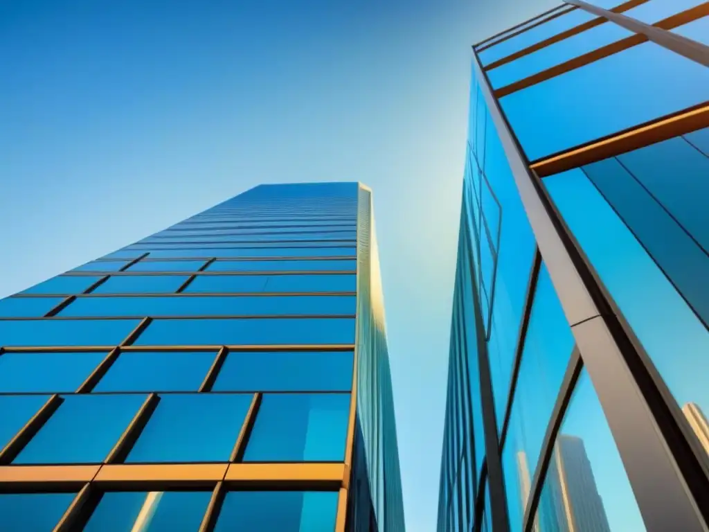 Edificio moderno de oficinas: innovación y éxito en el sector inmobiliario Un edificio moderno y futurista con grandes ventanales de cristal reflejando el cielo azul, en medio de una ciudad activa