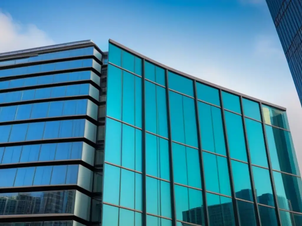 Edificio moderno: seguro y sofisticado en zona empresarial Edificio moderno con grandes ventanales de cristal reflejando la ciudad