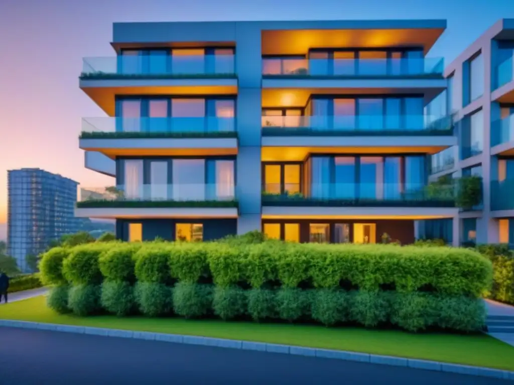 Edificio moderno al anochecer: seguridad y sofisticación Un edificio moderno reflejando luces de ciudad, rodeado de vegetación, con un guardia de seguridad en la entrada
