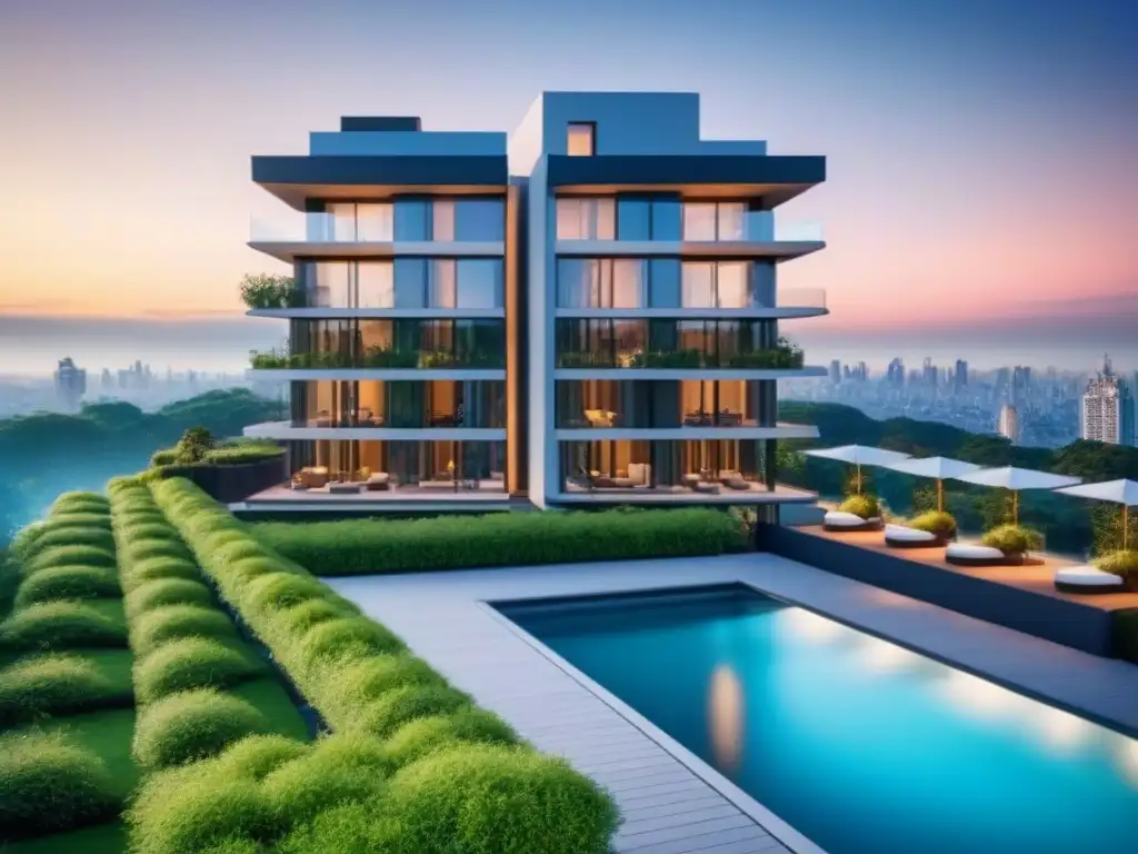 Edificio de lujo con piscina en la azotea en ciudad vibrante Edificio moderno de lujo con arquitectura elegante y amplias ventanas, rodeado de vegetación, con una piscina en la azotea y vistas a la ciudad