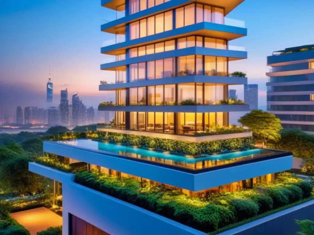 Edificio de lujo con piscina en azotea y jardín urbano Edificio moderno de lujo con jardín en la azotea y piscina, rodeado de vegetación, reflejando la ciudad al atardecer