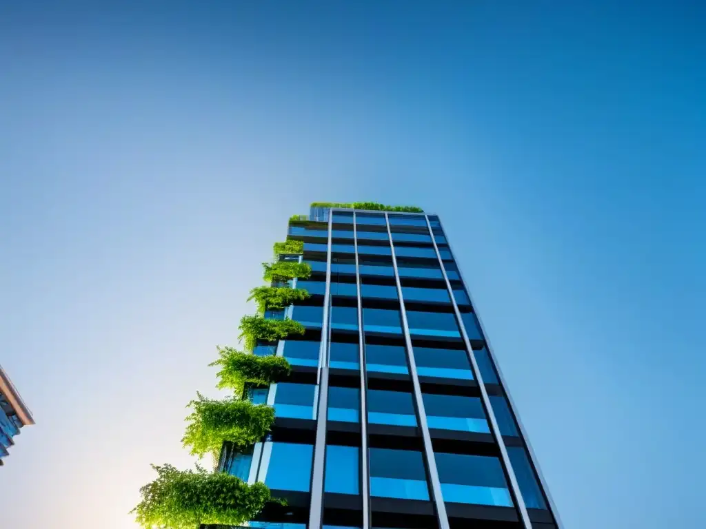 Edificio moderno de lujo: vidrio, acero y naturaleza en armonía Edificio moderno de lujo con diseño innovador y elegante, reflejando tendencias estilísticas del mercado inmobiliario contemporáneo