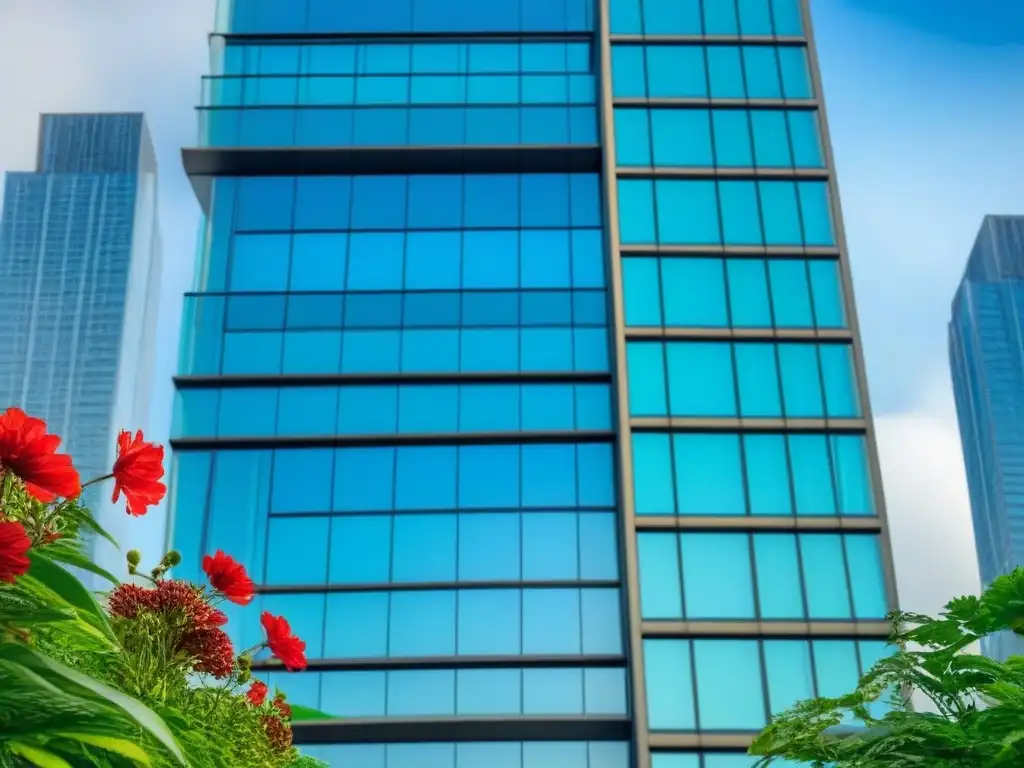 Edificio de lujo: éxito financiero en inversión inmobiliaria Edificio moderno de lujo con paredes de vidrio, reflejando el cielo azul y la ciudad, ideal para estrategias financiamiento largo plazo inversores