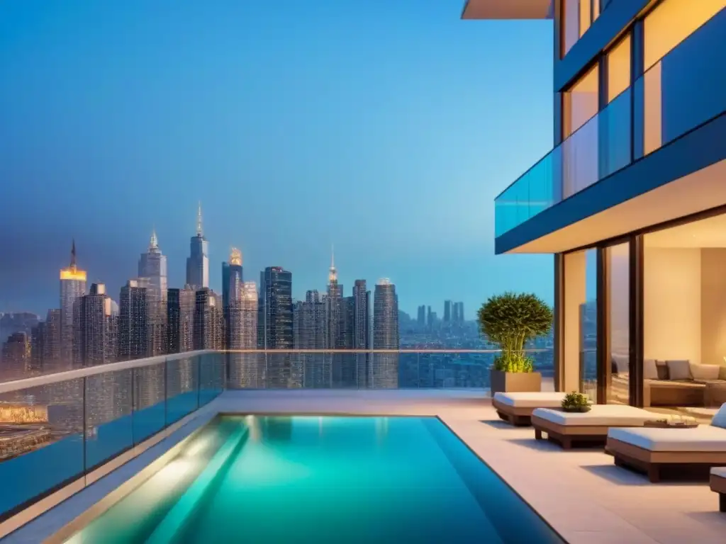 Edificio de lujo con piscina en la azotea y vistas urbanas Edificio moderno de lujo con piscina en la azotea y vista urbana