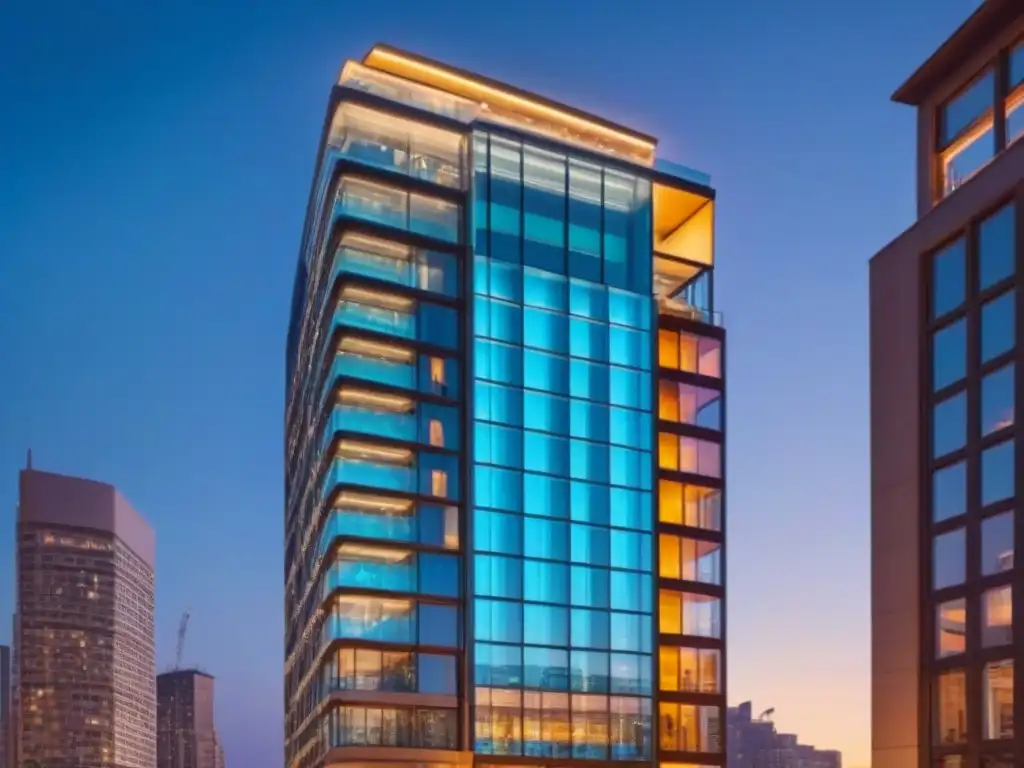 Edificio de cristal de lujo en la ciudad de noche Edificio moderno de lujo con publicidad exterior de inmuebles de lujo, reflejando la ciudad de noche