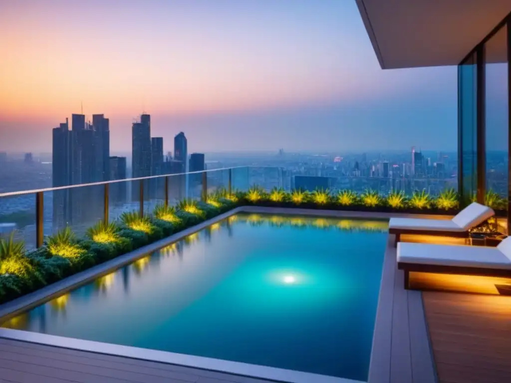 Arquitectura moderna de lujo con vistas a la ciudad al atardecer Edificio moderno de lujo con ventanales de piso a techo reflejando la ciudad al atardecer