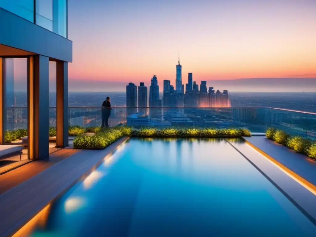 Edificio de lujo con terraza y piscina en atardecer urbano Edificio moderno de lujo con ventanales de piso a techo reflejando la ciudad al atardecer