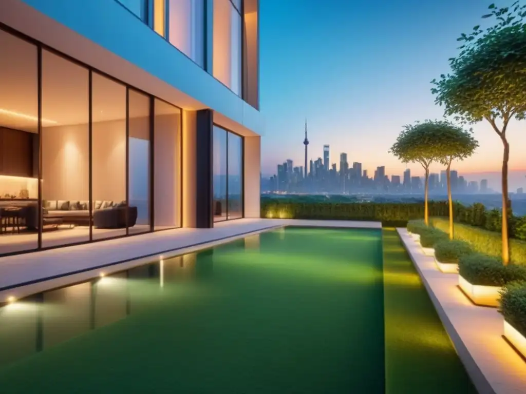 Edificio de lujo con diseño contemporáneo y vistas urbanas Edificio moderno de lujo con ventanales de piso a techo, rodeado de vegetación y área de descanso elegante