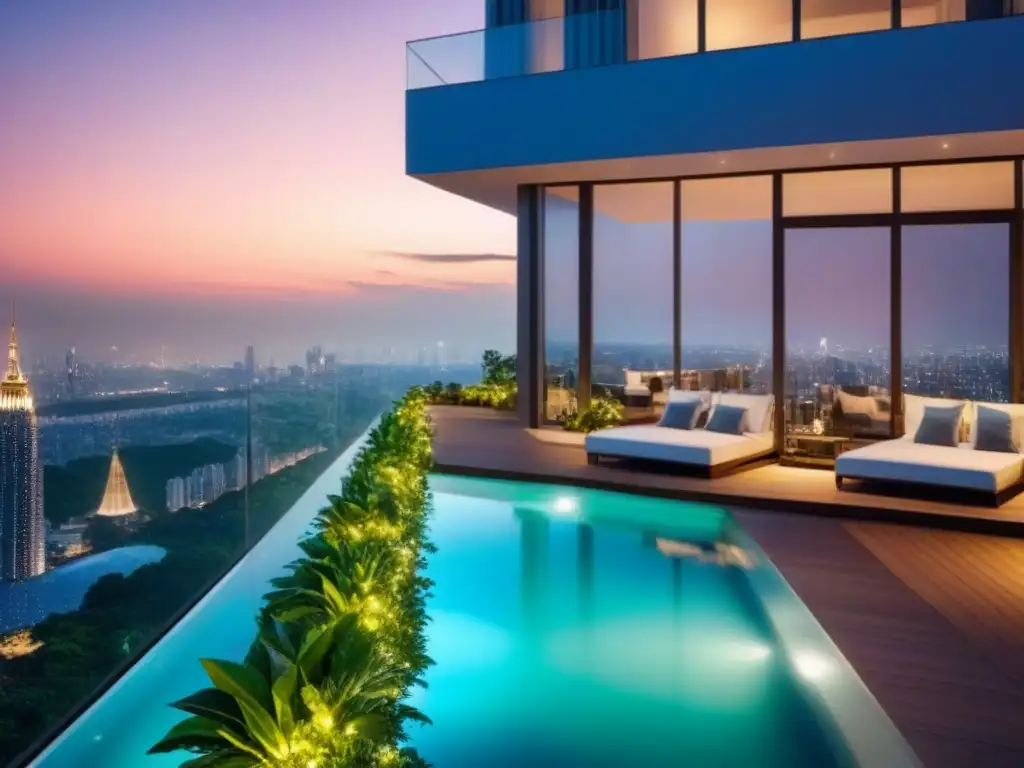 Elegante rascacielos con terraza y piscina en la ciudad Edificio moderno de lujo con ventanales de piso a techo y terraza en la azotea, rodeado de vegetación exuberante y luces brillantes al anochecer