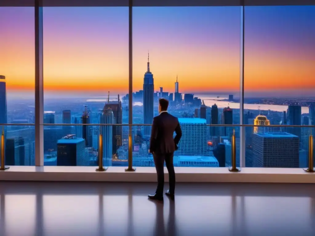 Edificio de lujo en la ciudad al atardecer: elegancia urbana Edificio moderno de lujo con ventanas de piso a techo reflejando un vibrante horizonte urbano al atardecer