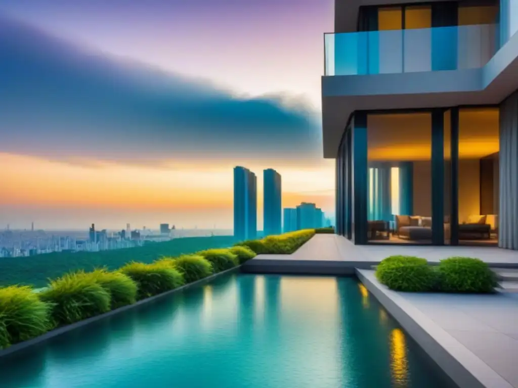 Edificio de lujo con vista panorámica al atardecer Edificio moderno de lujo con ventanas de piso a techo reflejando la ciudad, rodeado de vegetación y agua, bajo un atardecer cálido