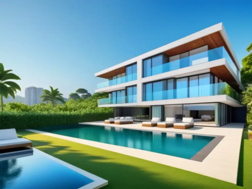 Edificio de apartamentos de lujo con piscina y naturaleza exuberante Edificio moderno de lujo con exteriores de vidrio, rodeado de vegetación exuberante y una piscina reluciente en un día soleado