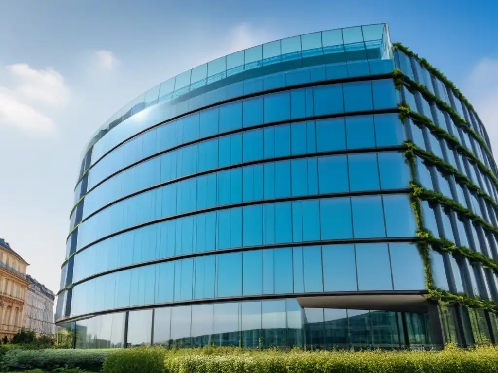 Edificio de oficinas moderno y lujoso en ciudad europea vibrante Un edificio moderno y lujoso en el corazón de una bulliciosa ciudad europea, reflejando el paisaje urbano en sus cristales