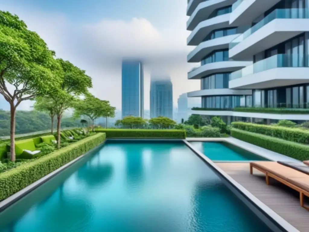 Edificio de lujo con diseño moderno y elegante en ciudad vibrante Edificio moderno y lujoso rodeado de vegetación, con piscina en la azotea