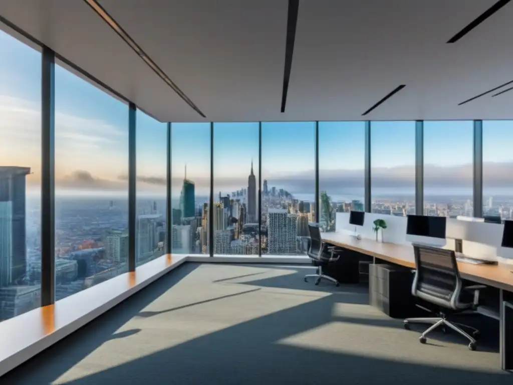 Edificio de oficinas moderno y lujoso en ciudad vibrante Edificio moderno y lujoso con ventanales que reflejan el bullicioso entorno urbano, simbolizando crecimiento y oportunidad en el sector inmobiliario bajo consejos nuevas regulaciones inmobiliarias