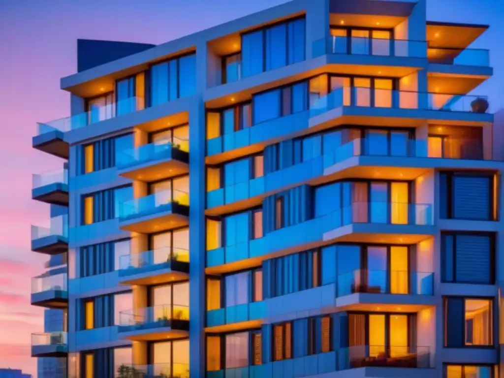 Edificio de lujo con ventanales y vista urbana al anochecer Un edificio moderno y lujoso con ventanas de piso a techo reflejando el vibrante paisaje urbano al atardecer
