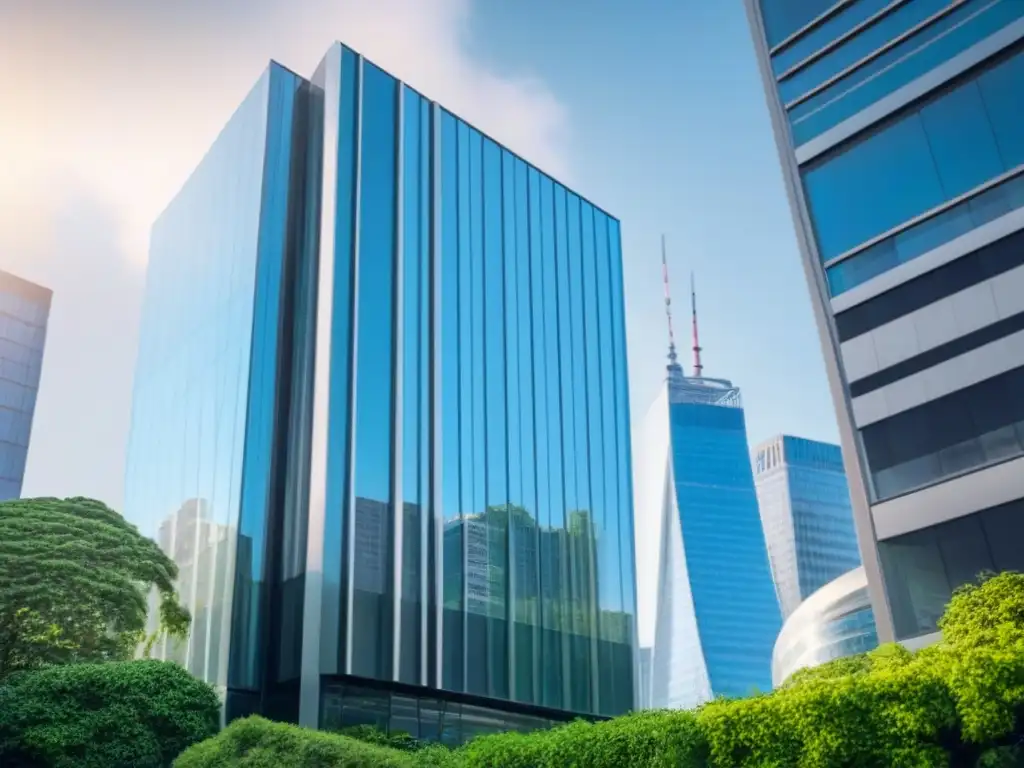 Edificio de oficinas moderno y elegante en la ciudad Edificio moderno de oficinas con diseño futurista y cristalera, rodeado de vegetación, reflejando el skyline urbano