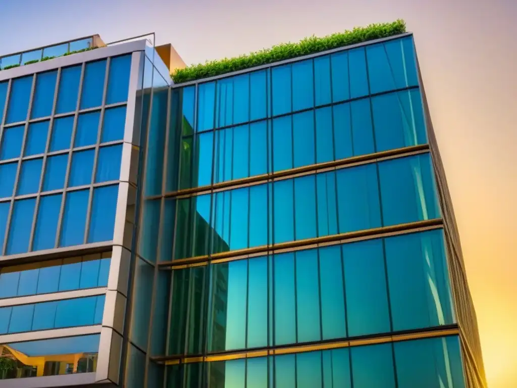 Edificio de oficinas moderno: diseño elegante y reflejo urbano al atardecer Edificio moderno de oficinas con fachada de vidrio, reflejando la ciudad al atardecer