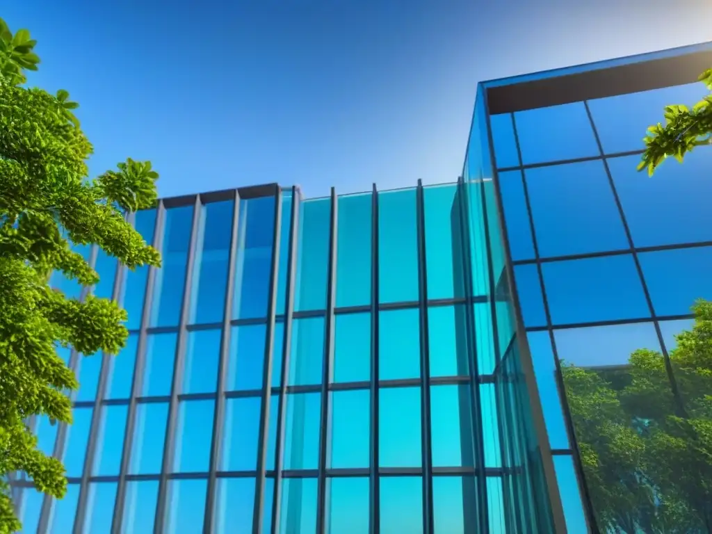 Edificio moderno con fachada de vidrio reflejando el cielo azul Edificio moderno de oficinas con fachada de vidrio reflejando el cielo azul y árboles verdes