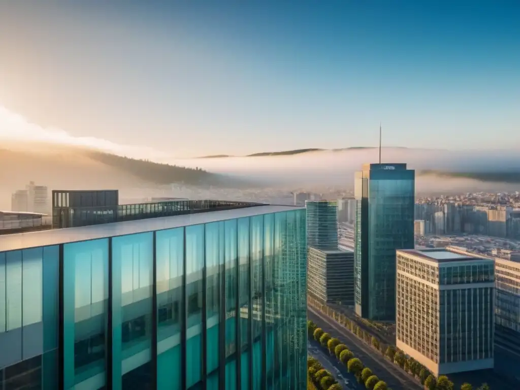Edificio corporativo moderno bañado en luz solar Edificio moderno de oficinas con fachada de vidrio, iluminado por el sol, reflejando la ciudad