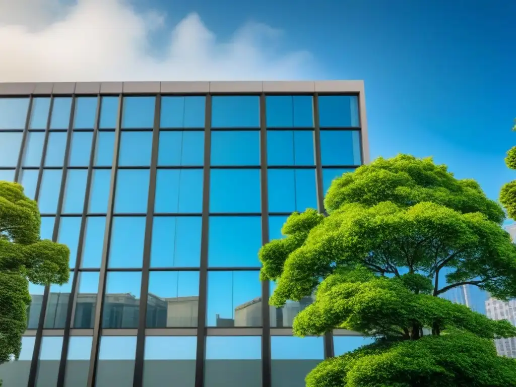 Edificio moderno y sofisticado en ubicación privilegiada Edificio moderno de oficinas con ventanales de cristal reflejando el cielo azul y rodeado de naturaleza urbana