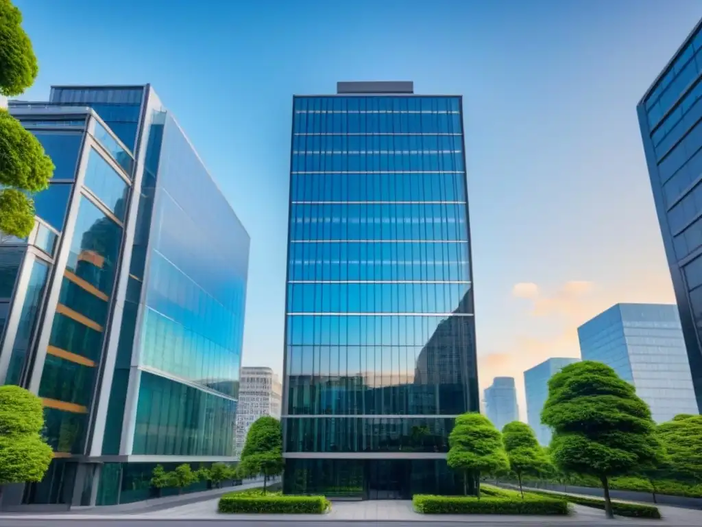 Edificio de oficinas moderno y vibrante: inversión en REIT Edificio moderno de oficinas con vidrio reflectante y entorno vibrante