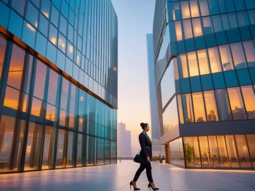 Edificio de oficinas moderno con vistas al atardecer en la ciudad Edificio moderno de oficinas con vistas a la ciudad al anochecer, reflejando el distrito financiero