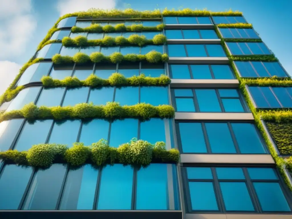 Edificio sustentable: arquitectura moderna con naturaleza integrada Edificio moderno con vegetación, paneles solares y jardín vertical