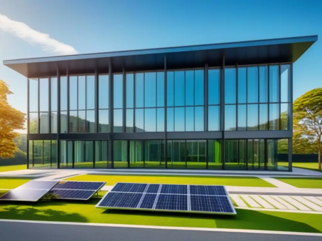 Edificio moderno con paneles solares: sostenibilidad y eficiencia Edificio moderno con paneles solares, rodeado de espacios verdes y ventanas eficientes, resaltando la sostenibilidad y eficiencia en propiedades