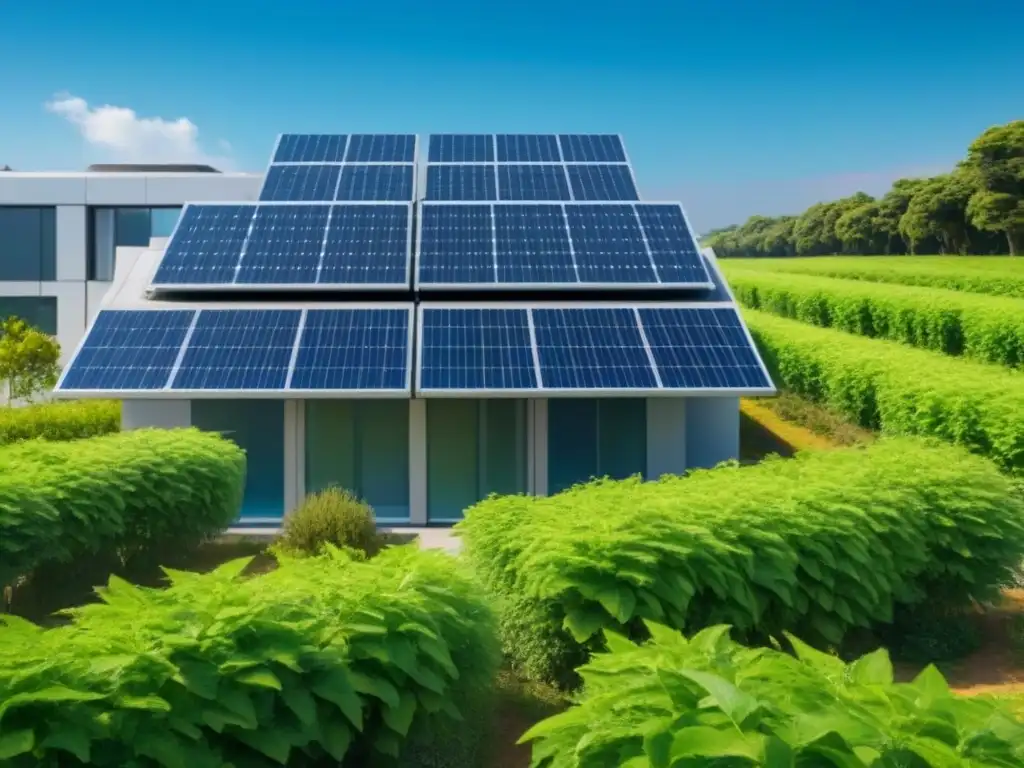 Edificio ecoeficiente: lujo verde en entorno natural Un edificio moderno con paneles solares en el techo, rodeado de vegetación y cielos azules