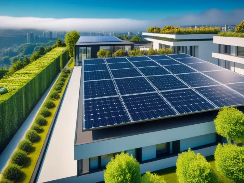Edificio de lujo con paneles solares integrados: arquitectura sostenible Edificio moderno con paneles solares integrados, reflejando el sol