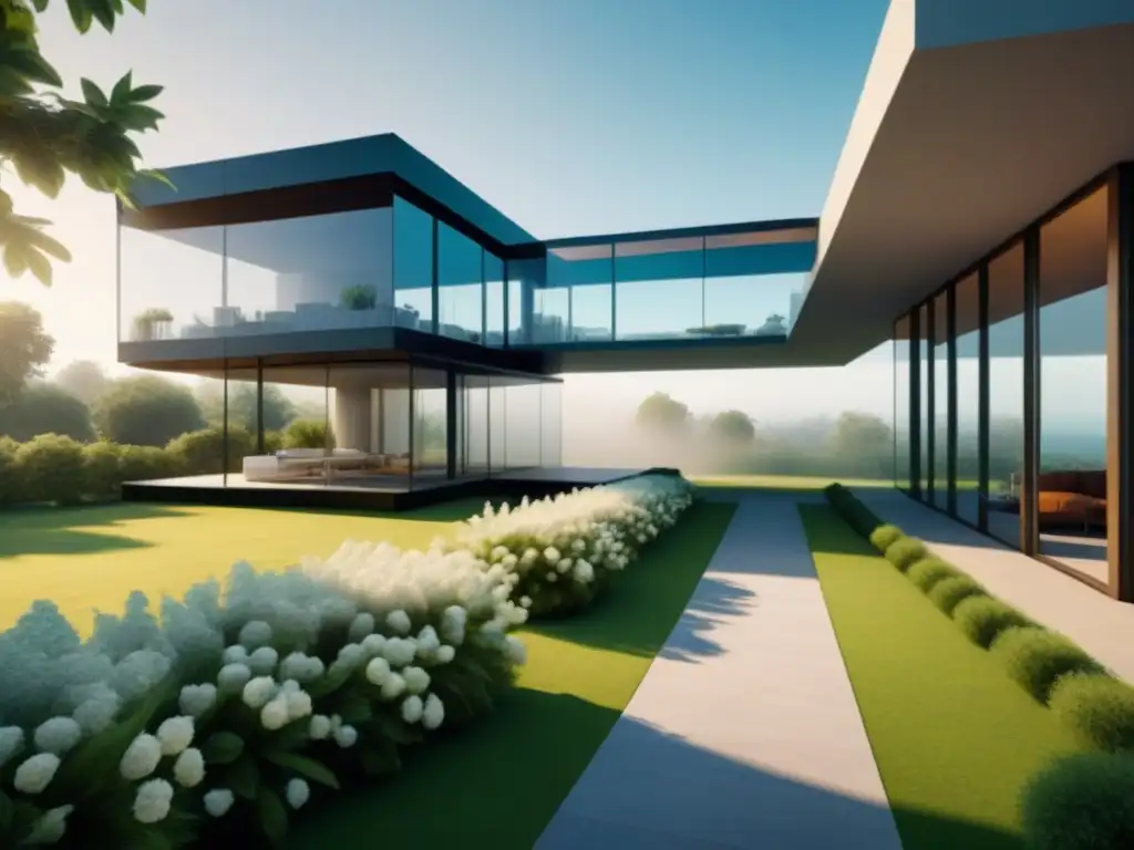 Renovación futurista de edificio moderno con paredes transparentes Un edificio moderno en rehabilitación con paredes transparentes y tecnología avanzada, rodeado de vegetación y luz solar