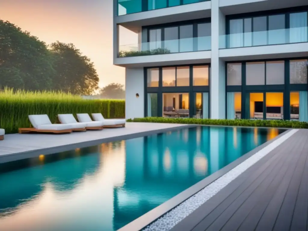 Residencial de lujo: moderno edificio con piscina y atardecer 'Edificio moderno con reflejos del atardecer en ventanas de vidrio, rodeado de vegetación, piscina brillante