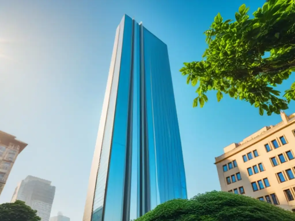 Edificio de lujo en 8k: modernidad y elegancia Edificio moderno rodeado de vegetación, reflejando el cielo azul