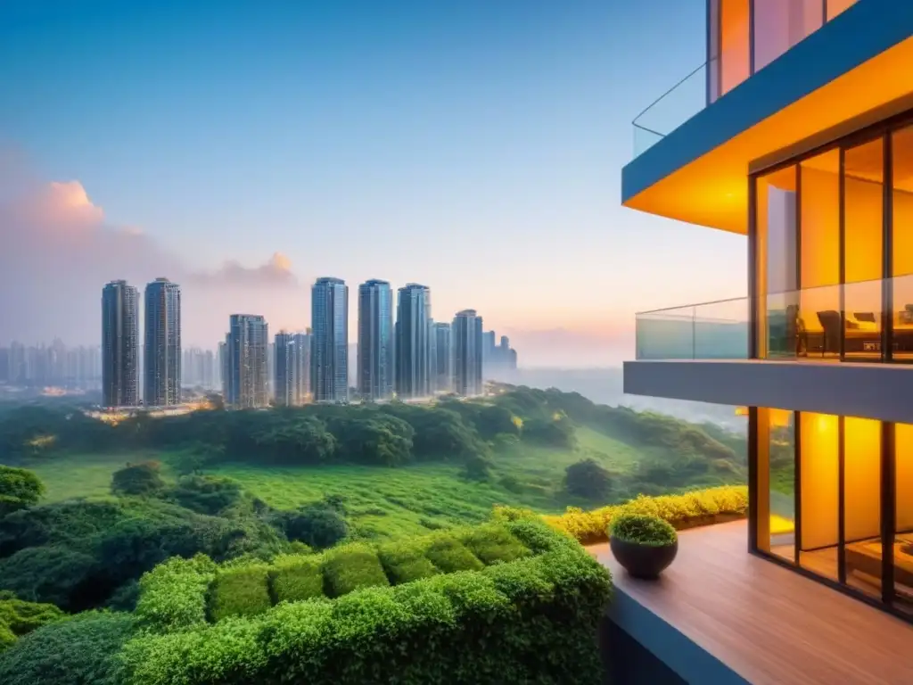 Rascacielos de lujo en entorno verde y vibrante Edificio moderno rodeado de vegetación, reflejando la ciudad al atardecer
