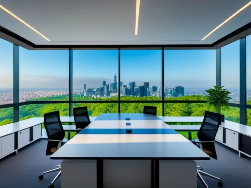 Edificio moderno en entorno natural: innovación y elegancia en la ciudad Edificio moderno rodeado de vegetación exuberante, con ventanas reflejando el cielo azul y una ciudad vibrante al fondo