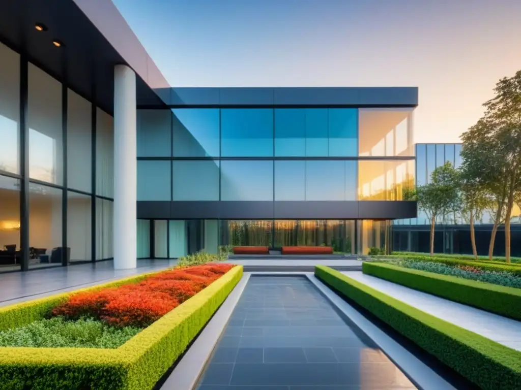 Edificio de oficinas de lujo con jardín exuberante al atardecer Edificio moderno rodeado de jardín lujoso al atardecer
