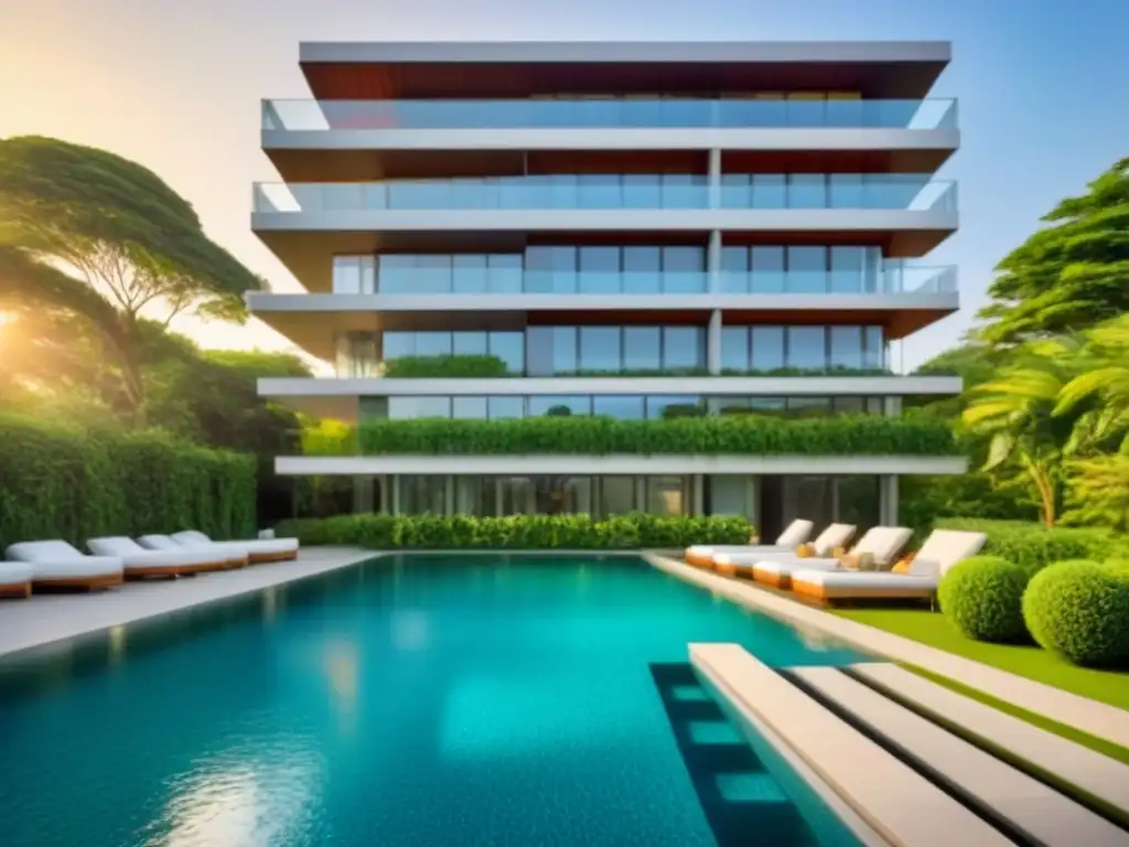 Edificio moderno de lujo: arquitectura elegante entre naturaleza y piscina Edificio moderno rodeado de naturaleza, piscina reluciente y luz dorada al atardecer
