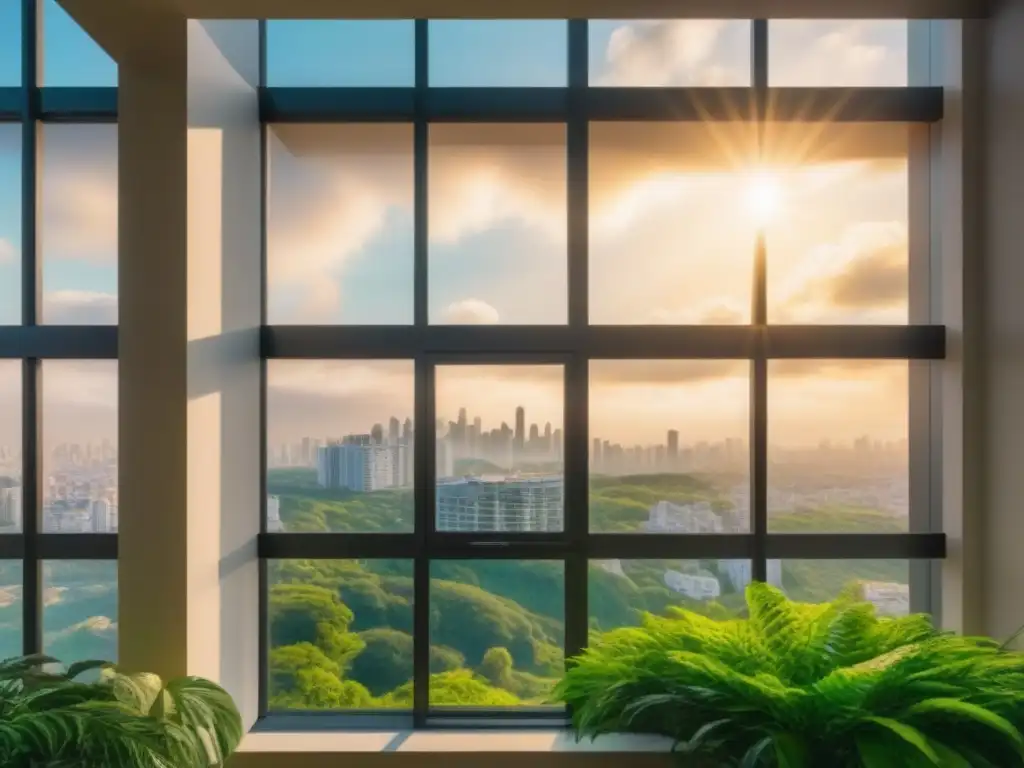 Edificio moderno rodeado de naturaleza y ciudad, con diseño elegante