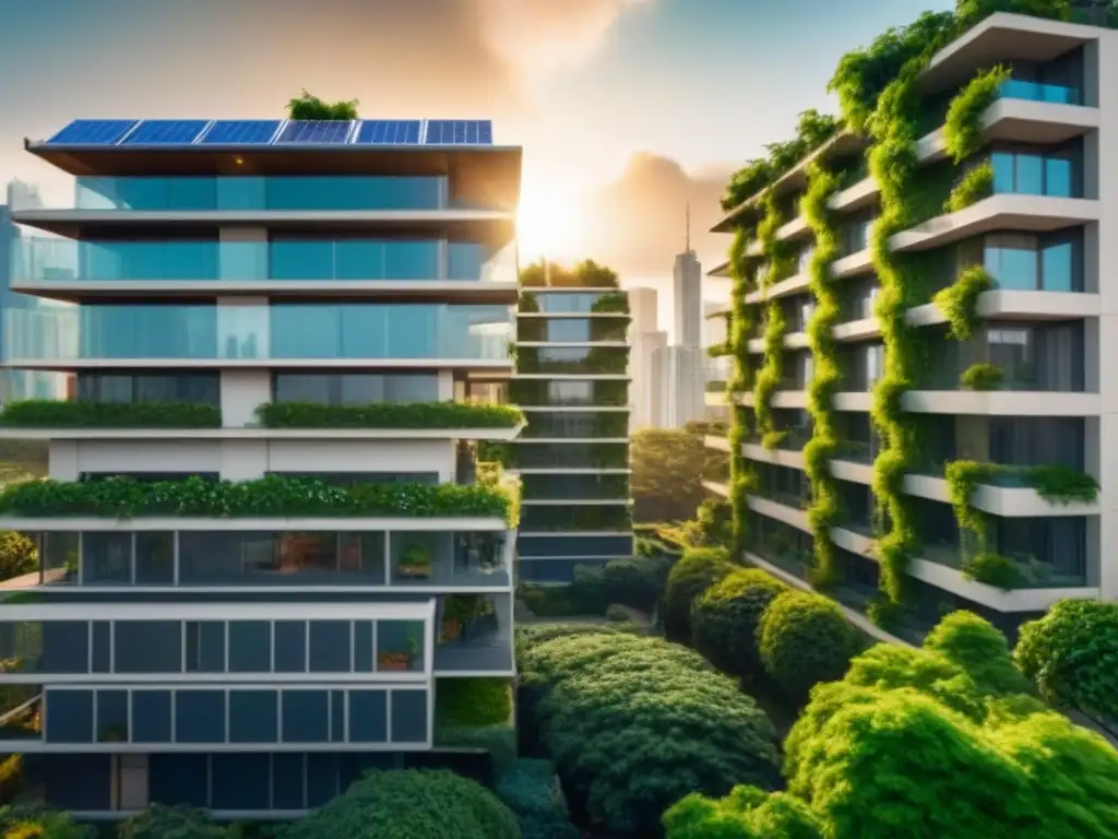 Edificio sustentable: innovación en el centro urbano Edificio moderno rodeado de naturaleza y paneles solares, destacando el Análisis de ciclo de vida inmobiliario