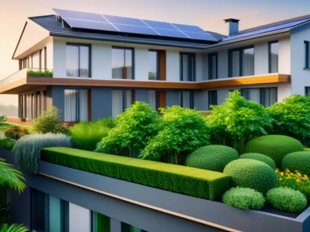 Edificio de lujo eco-friendly con jardín en la azotea Edificio moderno rodeado de vegetación, con paneles solares, jardín en la azotea y amplias ventanas