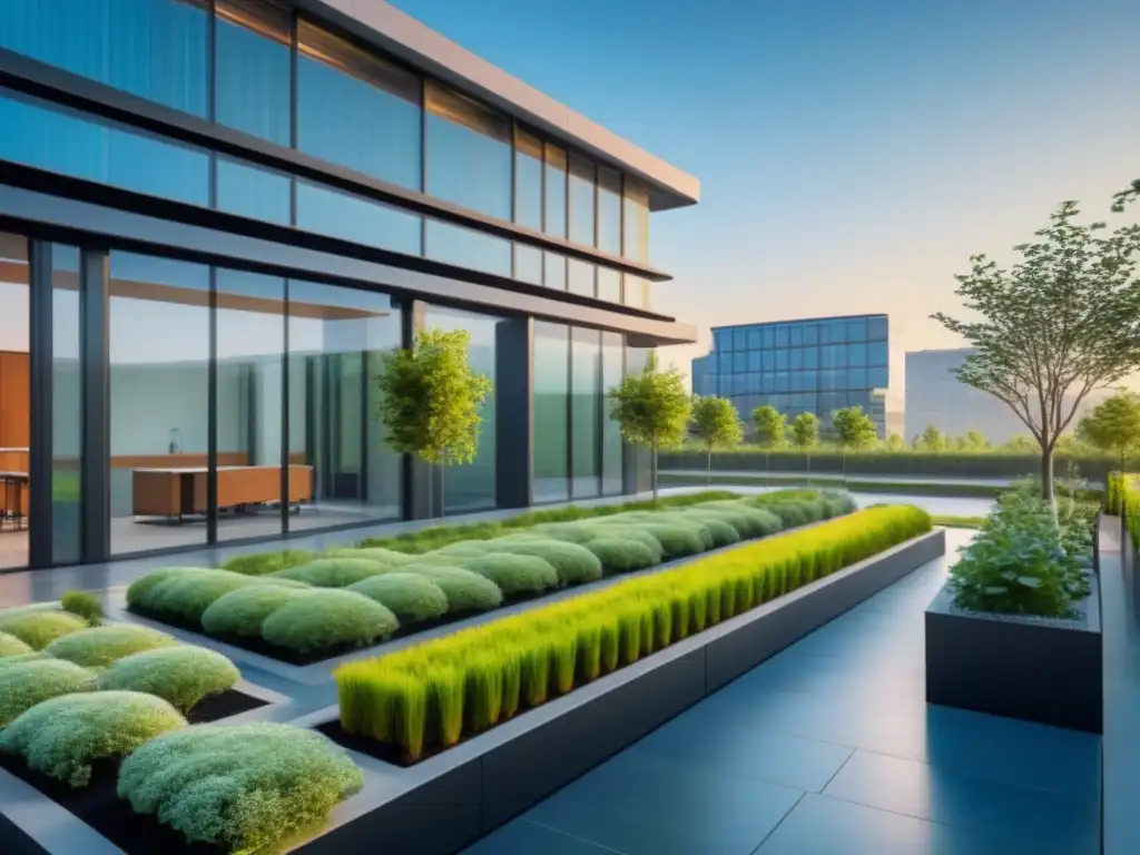 Edificio sostenible: diseño vanguardista en armonía urbana Edificio moderno rodeado de vegetación, paneles solares y cielo azul