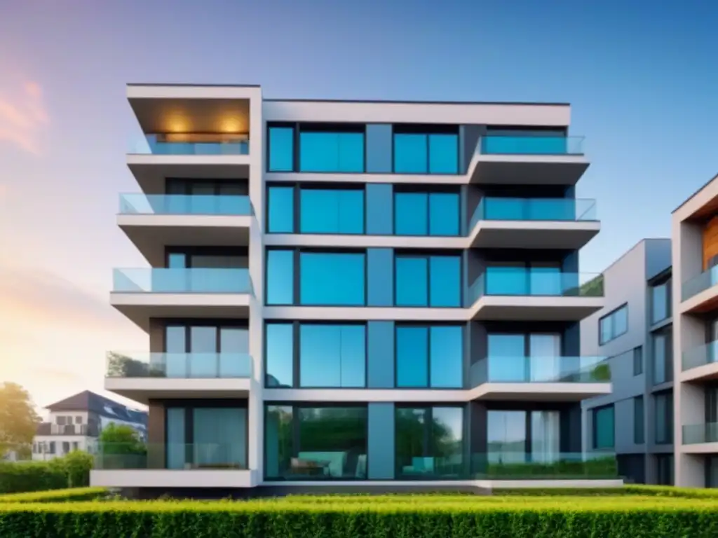 Edificio moderno seguro y elegante con seguros integrales Edificio moderno y seguro con seguros para propiedades de alquiler, líneas limpias, grandes ventanas y vegetación exuberante