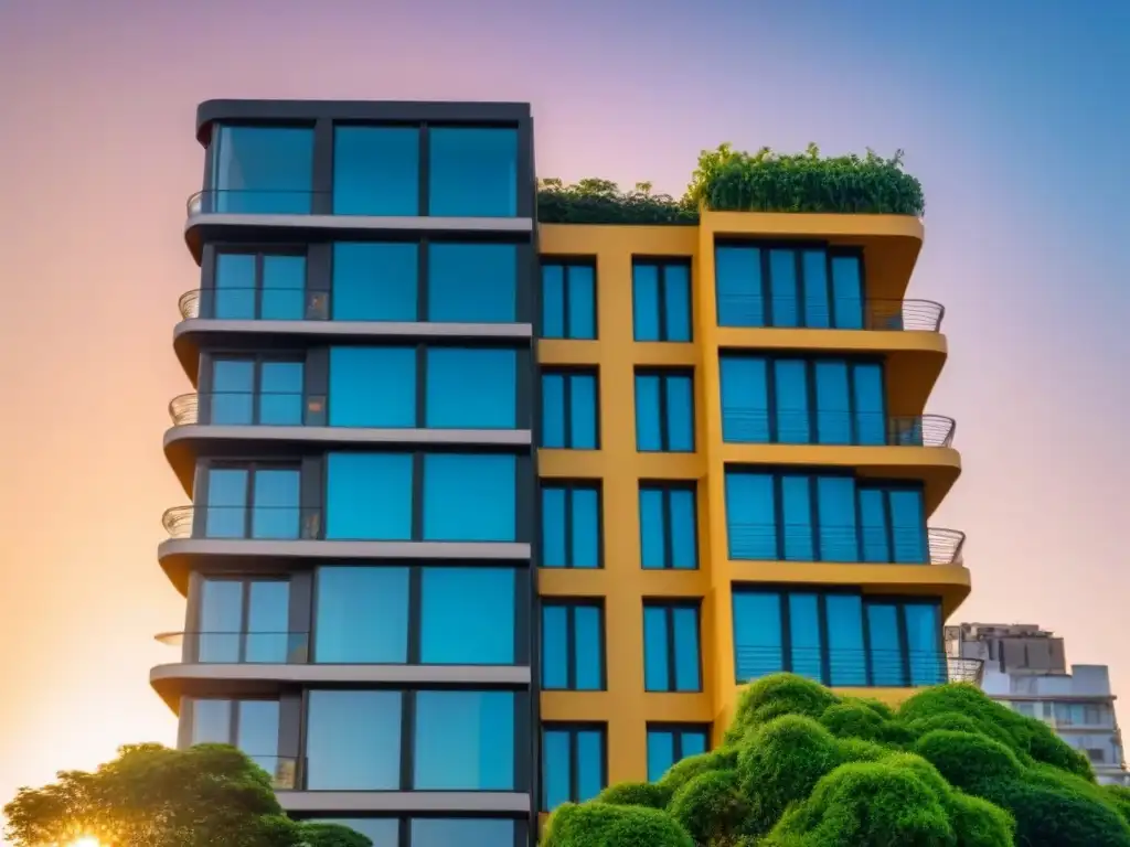 Edificio de apartamentos moderno en atardecer dorado Un edificio moderno y sereno con grandes ventanas reflejando el atardecer dorado, rodeado de exuberante vegetación