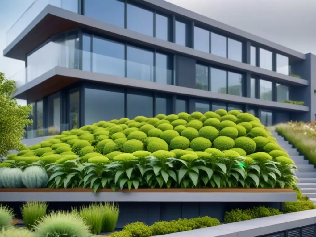 Edificio sostenible: diseño moderno con naturaleza y paneles solares Edificio moderno sostenible con jardines y paneles solares